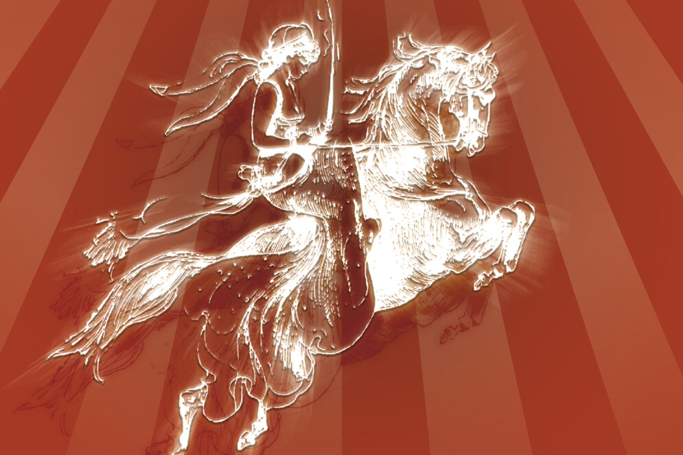Illustration d'une écuyère sur fond rouge avec des rayons blancs.
