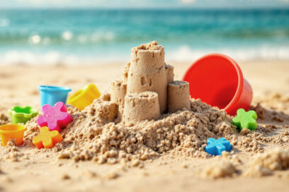 Jouets d'enfants sur une plage de sable. - Agrandir l'image, fenêtre modale