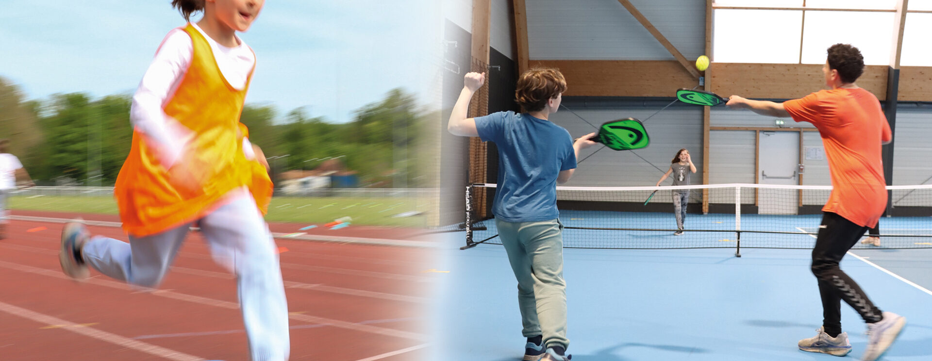 Sur la gauche, une fillette en train de courir sur la piste d'athlétisme Micheline OSTERMEYER à Ocquerre. Sur la droite, des ados jouent au pickleball sur un terrain du complexe sportif Guy MICHAUX