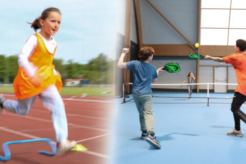 Sur la gauche, une fillette en train de courir sur la piste d'athlétisme Micheline OSTERMEYER à Ocquerre. Sur la droite, des ados jouent au pickleball sur un terrain du complexe sportif Guy MICHAUX