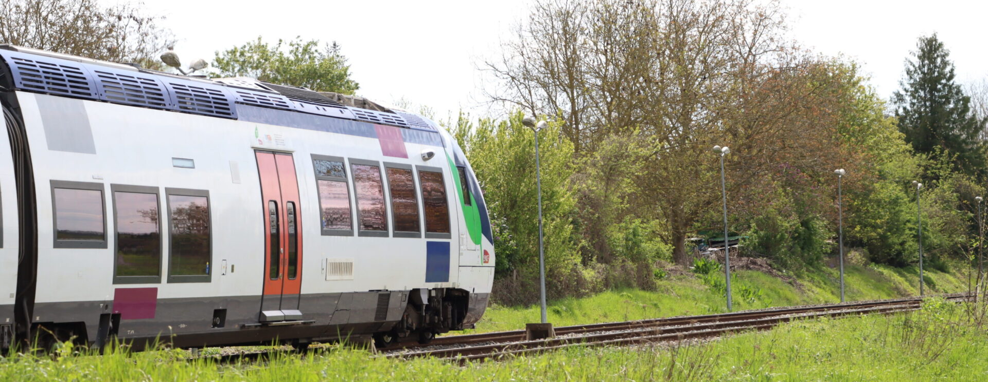 Vue d'un train de la SNCF dans un paysage vert du Pays de l'Ourcq