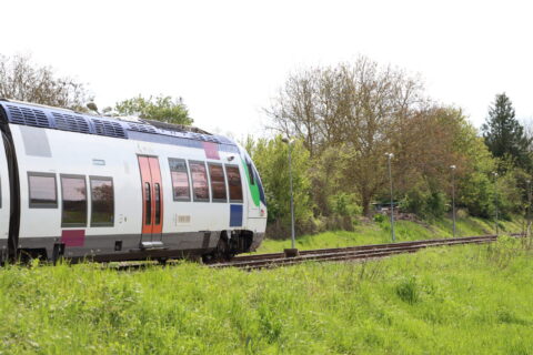 Vue d'un train de la SNCF dans un paysage vert du Pays de l'Ourcq