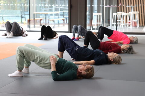Groupe de seniors avec un enseignant lors des activités physiques adaptées forme active