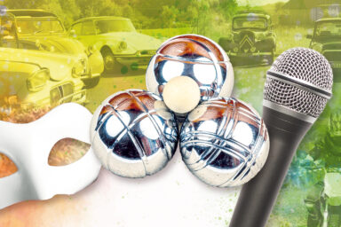 Illustration colorée pour le forum des associations 2025 avec boules de pétanque, masque de théâtre et micro au premier plan.