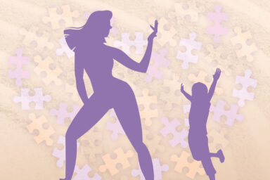 Silhouettes de femme et enfant faisant du step.