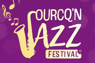 Logo du festival Ourcq'N Jazz représentant un saxophone avec des notes de musique qui en sort sur fond violet.