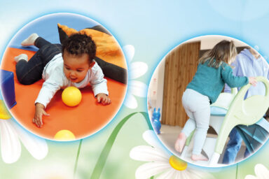 2 photos représentant des enfants avec un fond printanier. Visuel de l'affiche des vacances de printemps pour le service famille de la Maison des Enfants.