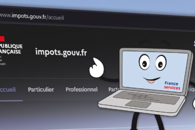 Illustration de la mascotte de France services "Numy" qui présente le site Internet des impôts.