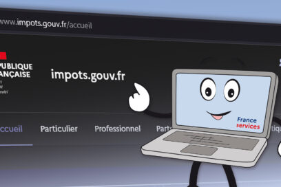 Illustration de la mascotte de France services "Numy" qui présente le site Internet des impôts. - Agrandir l'image, fenêtre modale